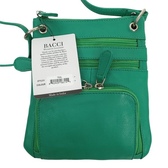 Bacci Crossbody Purse Handbag Adjustable Strap 5 Pocket Card Leather Green - Picture 4 of 9